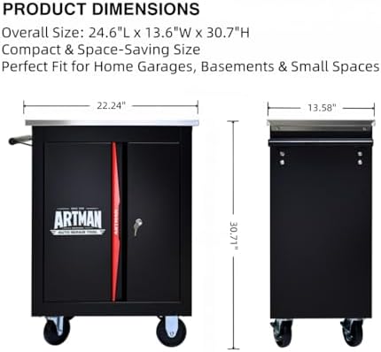 rolling tool chest,stainless steel worktop,black&red,2‑drawer shown in use