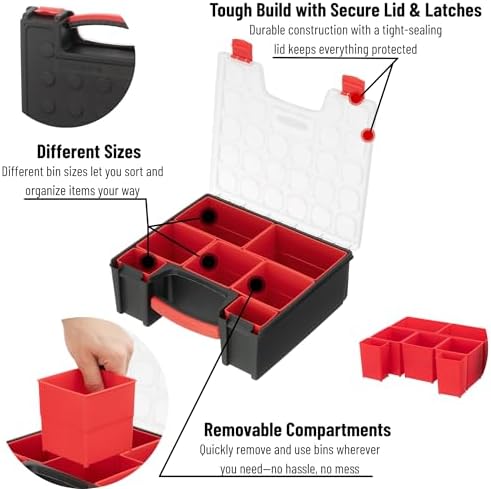 intertool hardware organizer with 7 deep removable bins shown in use