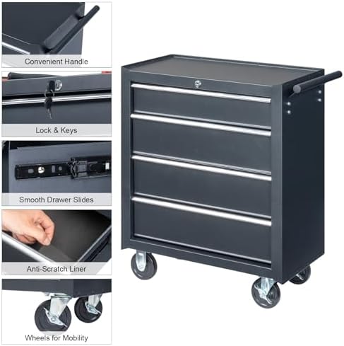 winado 4 drawer rolling tool cabinet, lockable steel, side view