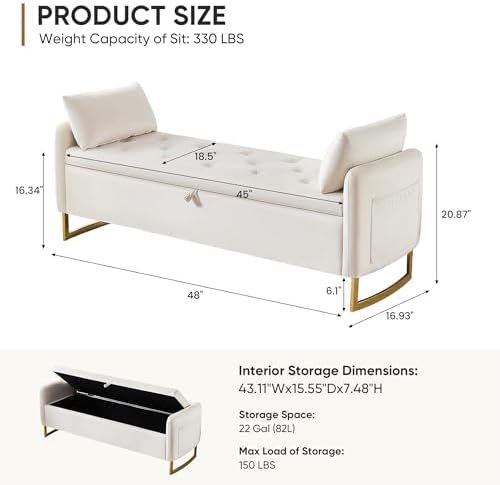 48" end of bed bench, modern storage bench, close-up detail