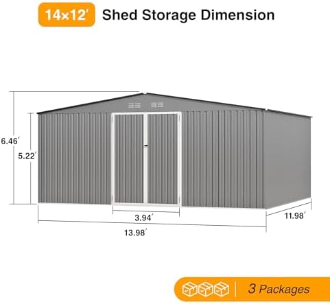 12ft outdoor storage shed,grey metal waterproof shed with on a desk or shelf