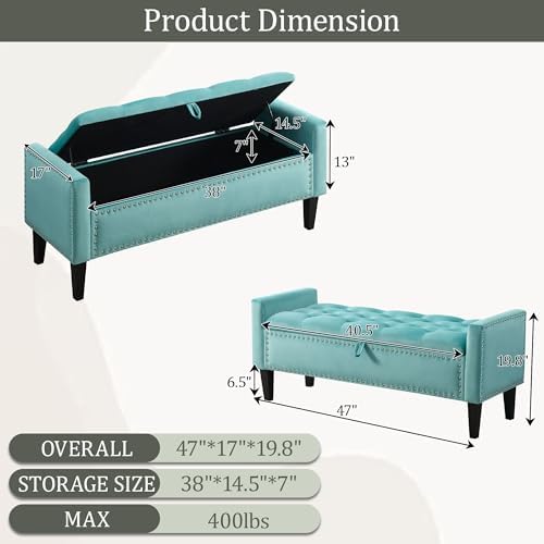 47in velvet storage ottoman bench with arms, upholstered shown in use