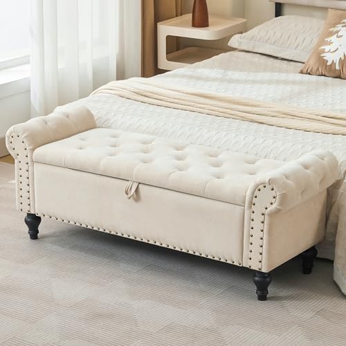 51" storage bench for bedroom, upholstered ottoman bench shown in use