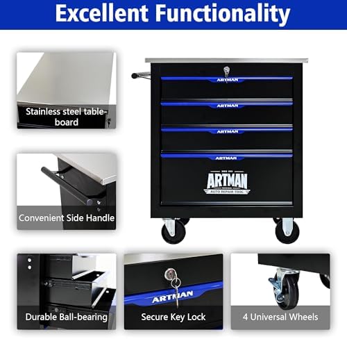 4-drawer heavy-duty rolling steel tool cart with handle&wheels showing dimensions