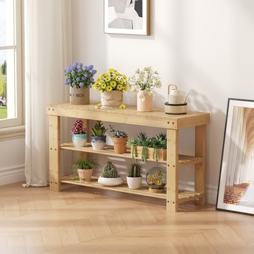 dumos wooden shoe rack bench, 3-tier bamboo entryway, front angle view