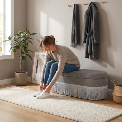 39.4“storage ottoman bench with tassels, oval end of, front angle view
