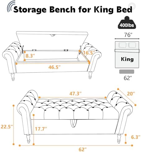 67'' end of bed storage bench king size shown in use