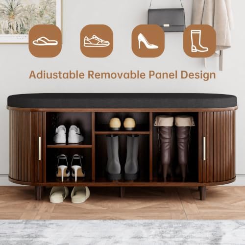 entryway bench with storage: 43.31" wooden bedroom shoe, side view