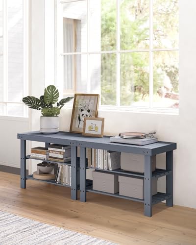 songmics shoe rack bench, 3-tier bamboo entryway bench showing dimensions
