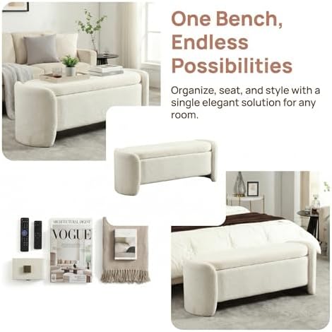 lukealon 50" wide sherpa storage bench, white on a desk or shelf