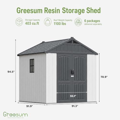 greesum 8x8 ft resin outdoor storage shed with shown in use