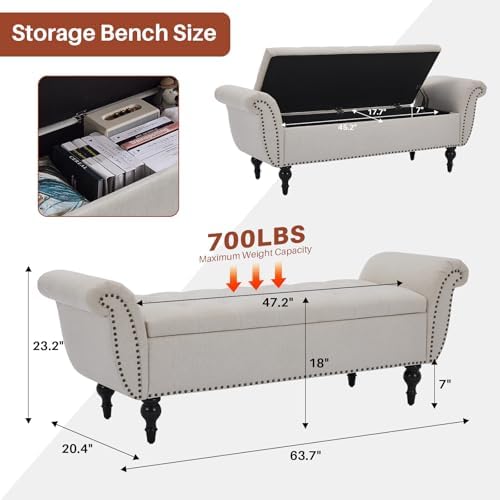 storage ottoman bench, 64" upholstered entryway bench, beige shown in use