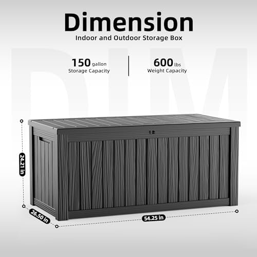 rojik 150 gallon deck box outdoor, waterproof outdoor on a desk or shelf