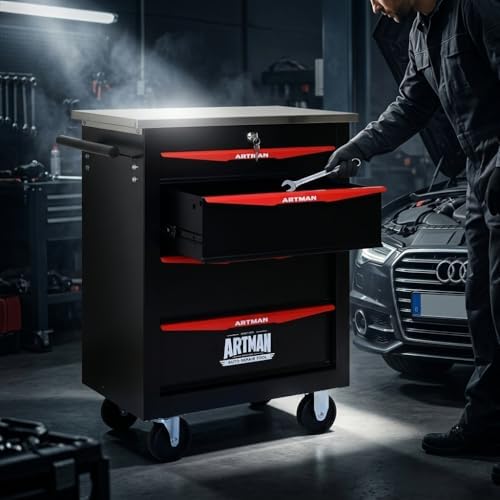 rolling tool chest,stainless steel worktop,black,4‑drawer, view 9
