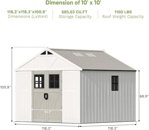 patiowell 10x10 ft resin outdoor storage shed with, close-up detail