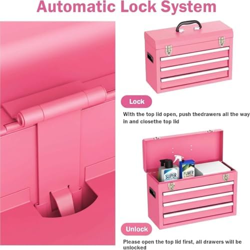 portable metal tool box, 3 drawer steel tool, close-up detail
