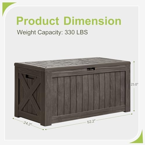 greesum 120 gallon deck box, resin outdoor storage on a desk or shelf