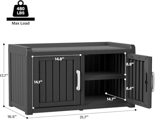 outdoor shoe storage bench with 2 doors, waterproof, close-up detail