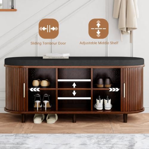 entryway bench with storage: 43.31" wooden bedroom shoe, close-up detail