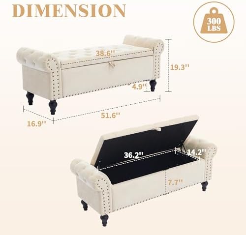 51" storage bench for bedroom, upholstered ottoman bench, close-up detail
