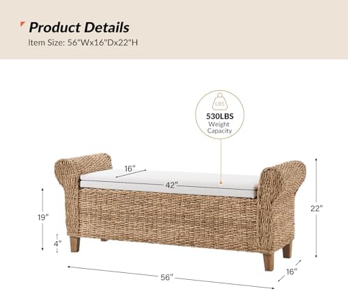 56" rattan storage bench with rolled arms, bohemian shown in use