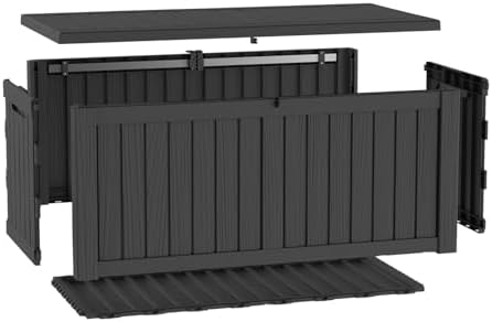 lausaint home 230 gallon resin deck box, package on a desk or shelf