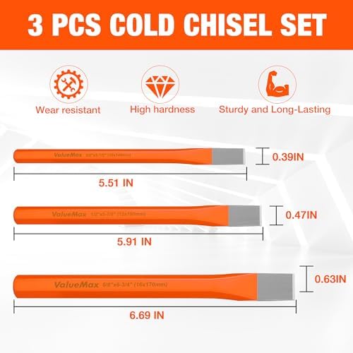 ValueMax 3-Piece Heavy Duty Cold Chisel Set, 3/8-Inch, 1/2-Inch & 5/8-Inch Metal Chisel Set, Premium Cr-V Steel, for Carpentry, Metalwork, Woodwork & Masonry Work (Pack of 2)