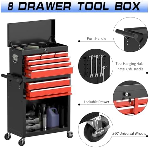 8-drawer rolling tool chest tool box,removable tool storage showing dimensions