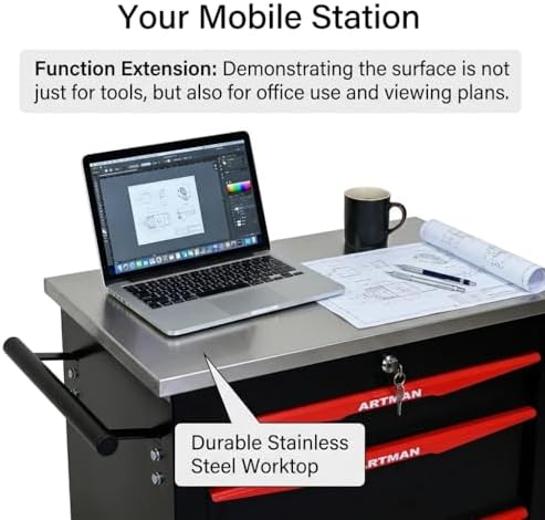 rolling tool chest,stainless steel worktop,black,4‑drawer, front angle view