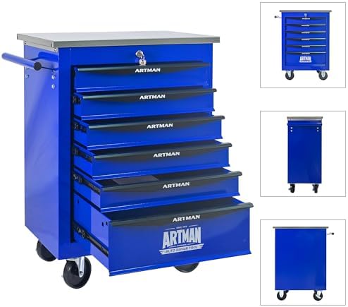 6-drawer rolling tool chest, blue & black modular on a desk or shelf