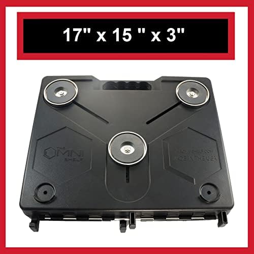 the omnishelf portable workstation, magnetic toolbox, laptop stand on a desk or shelf
