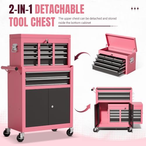 10-drawer rolling tool chest with wheels, lockable 2-in-1, side view