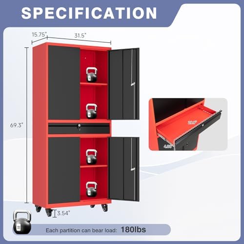 metal garage storage cabinet with wheels, rolling garage, close-up detail