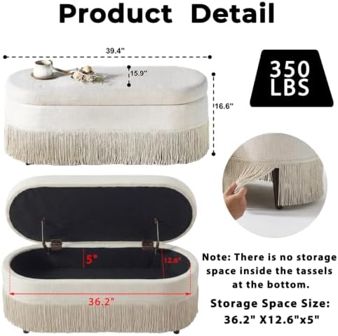 39.4“ boho storage ottoman bench with tassels,upholstered end shown in use
