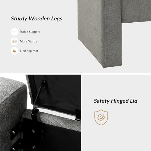 55" modern upholstered storage bench with tufted seat, side view