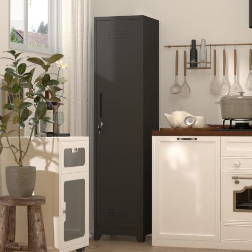 utility closet for cleaning supplies, black metal storage, front angle view