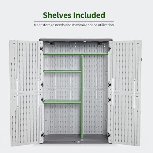 macrout 50 cu ft outdoor storage cabinet with showing dimensions