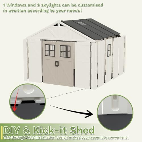 greesum 10x8ft resin outdoor storage shed with floor showing dimensions