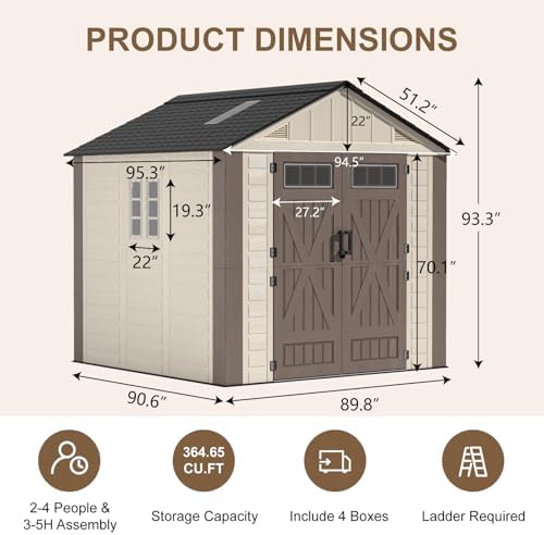 8x8 ft outdoor storage shed with floor, large, package contents