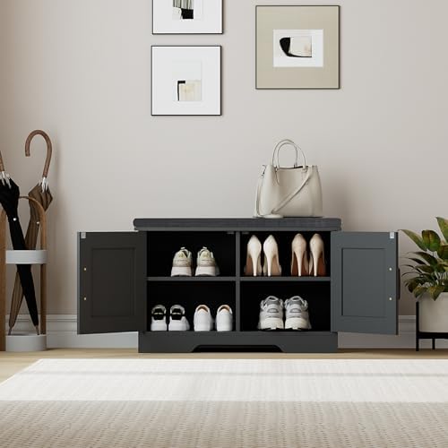 homsho farmhouse shoe storage bench with 2 barn, side view