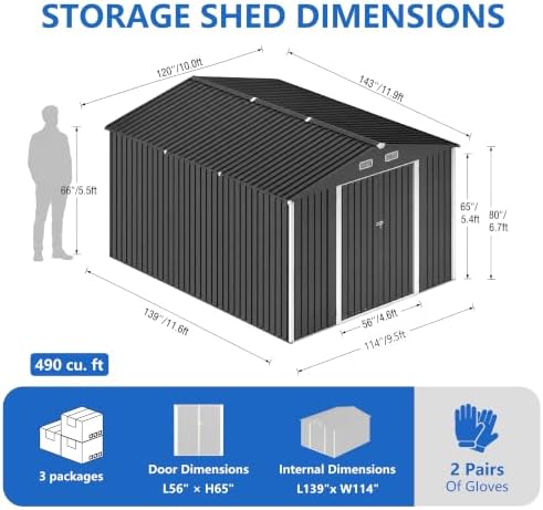 10x12 ft outdoor storage shed, metal garden shed shown in use