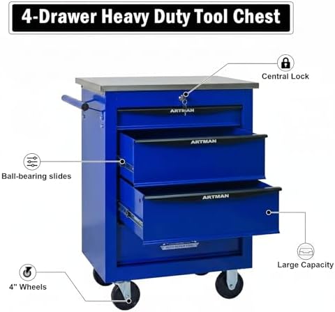 rolling tool chest,stainless steel worktop,blue,4‑drawer, side view
