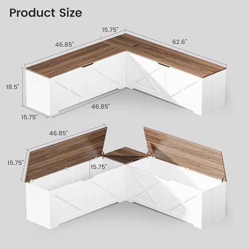 l shaped storage bench, 63" corner bench with shown in use