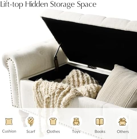 hulala home farmhouse storage bench, ivory, close-up detail