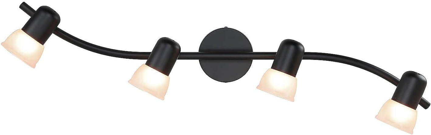 XiNBEi Lighting Black Track Lighting Kit with Glass for Bathroom, 4 Light | Curved Ceiling Spot Light, E26, S-Shaped Bar, Adjustable Head, Ceiling Light Fixture, For Kitchen Sink & Bathroom Hallway