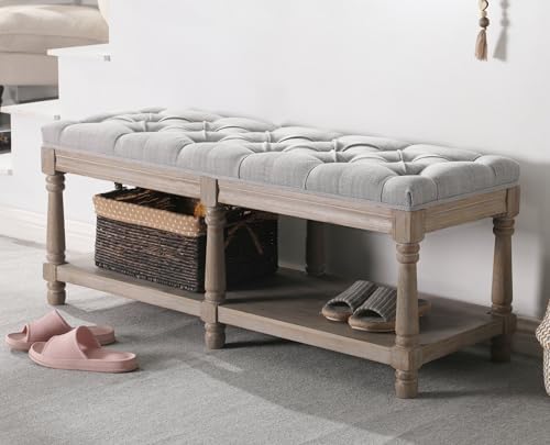 farmhouse storage bench wooden entryway upholstered tufted ottoman, main product view