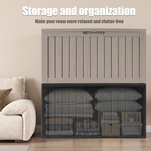 140gal outdoor storage box with portable wheels, waterproof on a desk or shelf