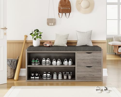 lvb 2-tier storage bench with padded cushion, entryway, front angle view