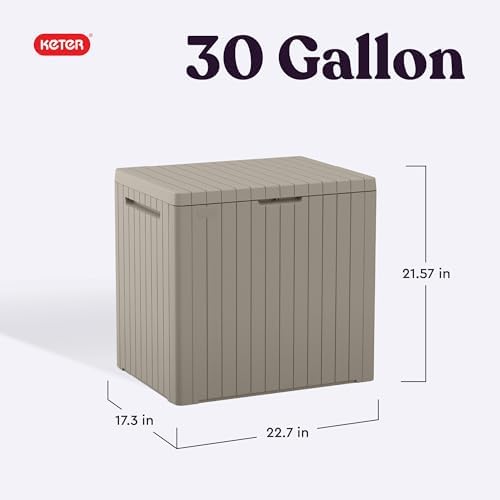 keter city 30 gal outdoor storage box and shown in use