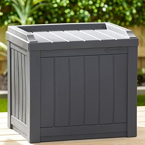 suncast 2 pack small deck box storage w/bench, front angle view